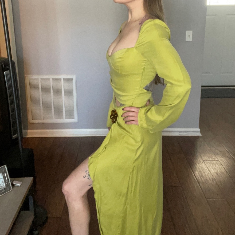 For Love and Lemons silky dress in apple green.